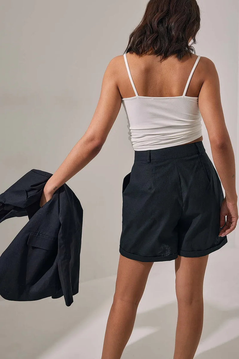 Asymmetric Waist Linen Blend Shorts Black